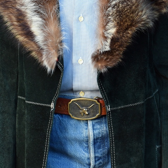 Longhorn brass belt buckle with leather belt